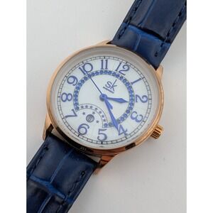 SK Shengke Watch Women MOP Dial Rose Gold 32mm Case Blue Band- New Battery